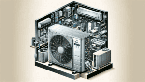 Illustration of outdoor and indoor units of ductless air conditioning system